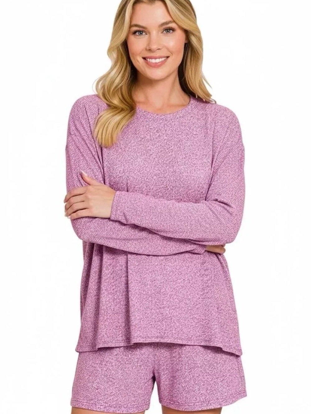 Zenana Soft Melange Long Sleeve Tee and Shorts Set LT PLUM